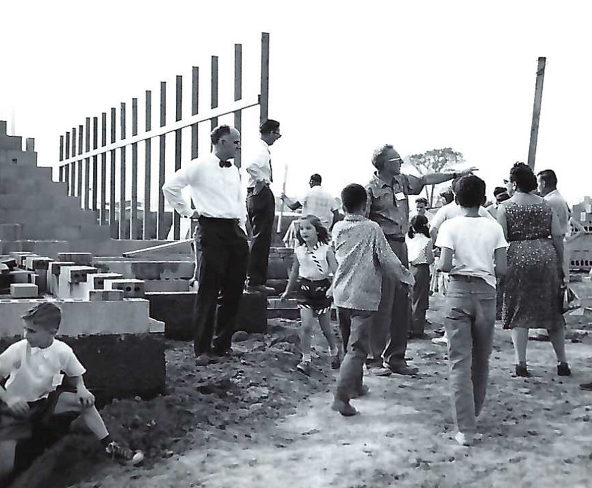 Congregants at the construction site of the UU Flint church in the 1960s